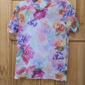 Johnny Was Multicolor Floral Short Sleeve Mesh Tee